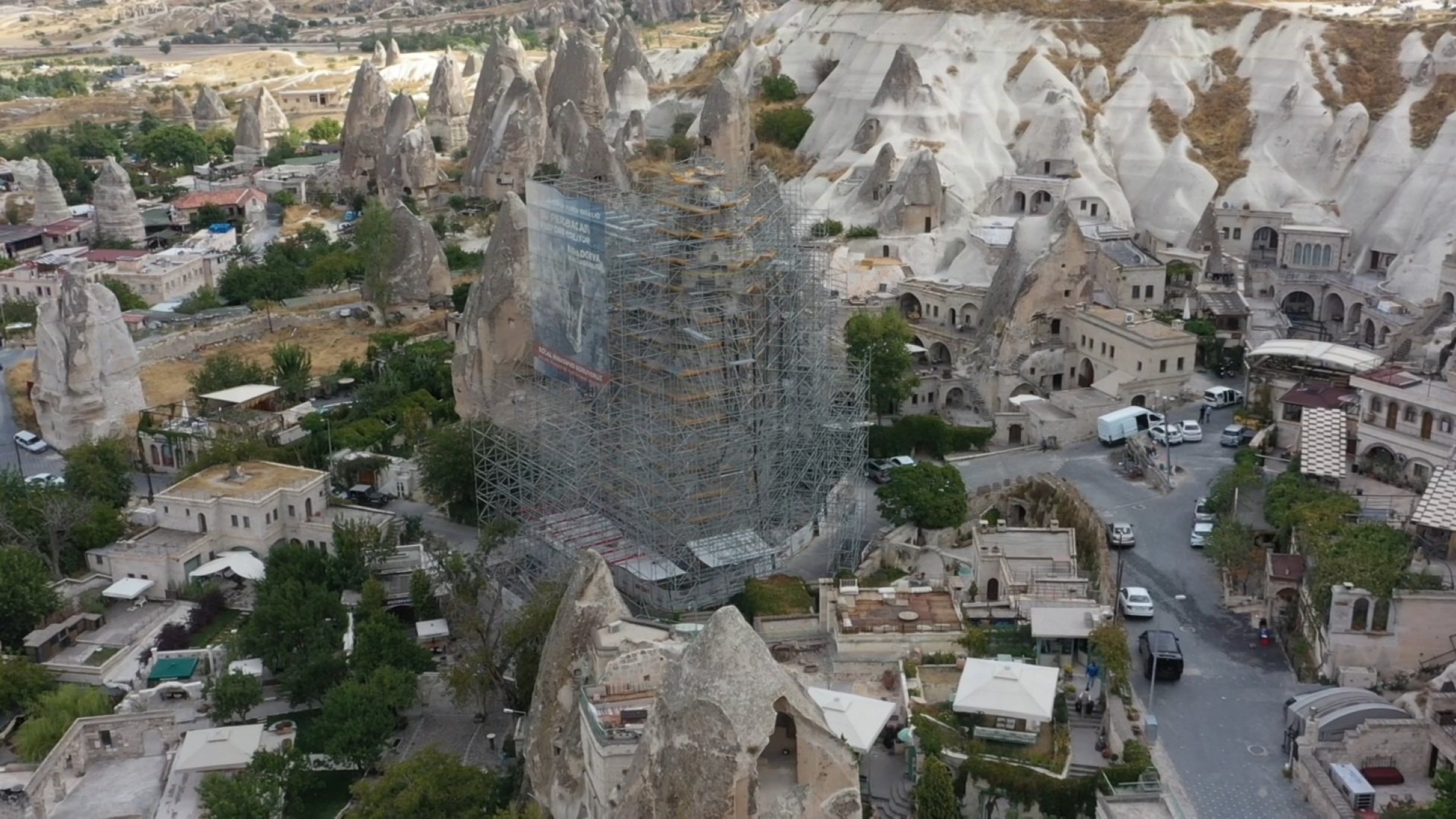 An aerial view of the restoration work on the fairy chimneys, Cappadocia, Türkiye, Sept. 24, 2026. (IHA Photo)