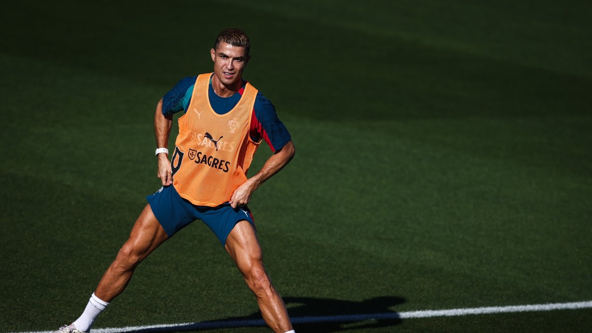 Portugal national team player Cristiano Ronaldo attends a training session ahead of their UEFA Nations League group stage match against Wales, in Oeiras, on the outskirts of Lisbon, Portugal, Sept. 22, 2026. (EPA Photo)