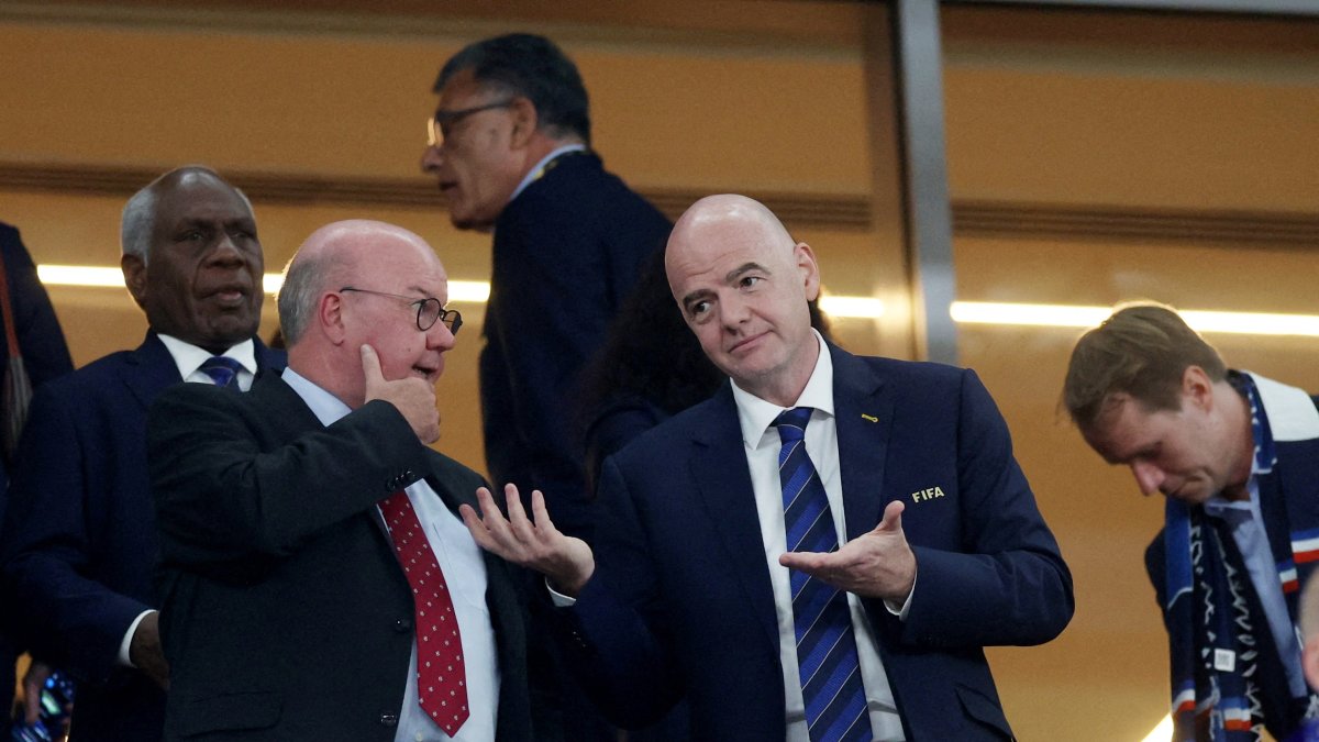 Denmark Football Association Chairman Jesper Moller (L) and FIFA President Gianni Infantino are pictured in the stand before the  2022 FIFA World Cup Group D match between France and Denmark at Stadium 974, Doha, Qatar, Nov. 26, 2022. (Reuters Photo)