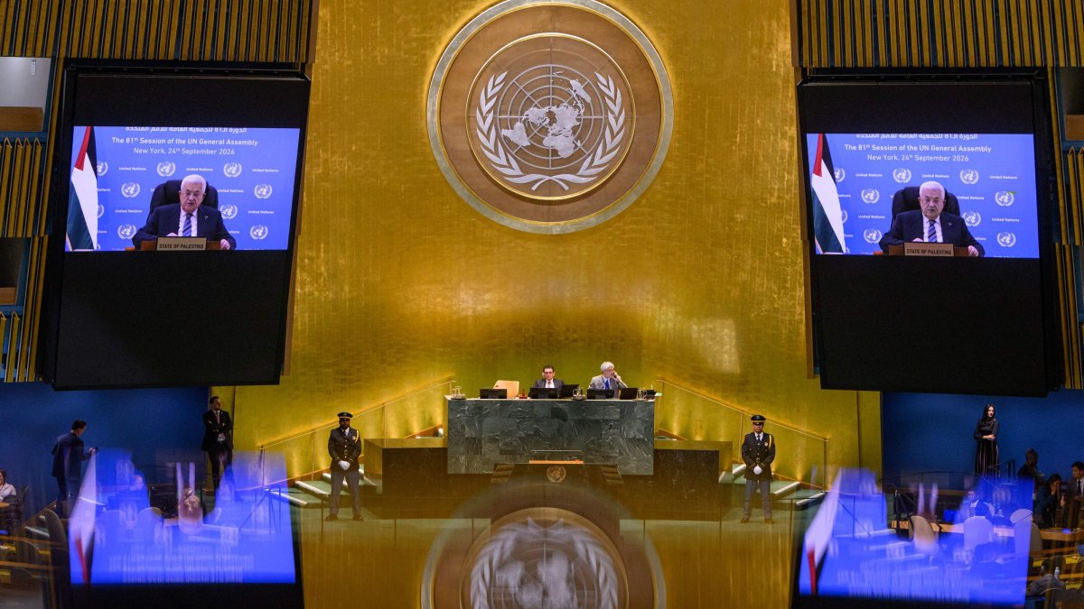 President of Palestine Mahmoud Abbas virtually addresses the 81st session of the United Nations (U.N.) General Assembly at U.N. Headquarters, Sept. 24, 2026. (AFP Photo)