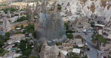An aerial view of the restoration work on the fairy chimneys, Cappadocia, Türkiye, Sept. 24, 2026. (IHA Photo)