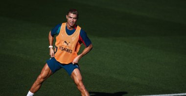 Portugal national team player Cristiano Ronaldo attends a training session ahead of their UEFA Nations League group stage match against Wales, in Oeiras, on the outskirts of Lisbon, Portugal, Sept. 22, 2026. (EPA Photo)