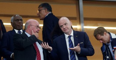 Denmark Football Association Chairman Jesper Moller (L) and FIFA President Gianni Infantino are pictured in the stand before the  2022 FIFA World Cup Group D match between France and Denmark at Stadium 974, Doha, Qatar, Nov. 26, 2022. (Reuters Photo)