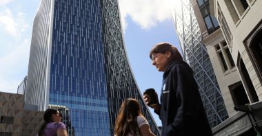 People walk past the new headquarters of the European Bank for Reconstruction and Development (EBRD) in Canary Wharf, London, Britain, Sept. 14, 2023. (Reuters Photo)