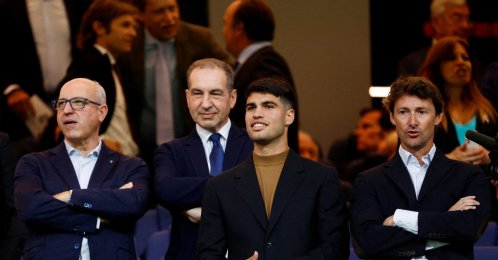 Carlos Alcaraz (2nd R) is pictured in the stands during the La Liga match between Real Madrid and FC Barcelona at Santiago Bernabeu, Madrid, Spain, April 21, 2024. (Reuters Photo)