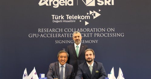 The signing ceremony between Argela and SRI, overseen by Türk Telekom CEO Ebubekir Şahin, released on Sept. 24, 2026. (Handout/Türk Telekom)