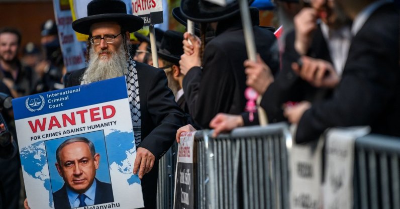 A member of the Jewish Group Neturei Karta holds a sign against Prime Minister of Israel, Benjamin Netanyahu, U.N. Headquarters, New York City, U.S., Sept. 23, 2026. (AFP Photo)