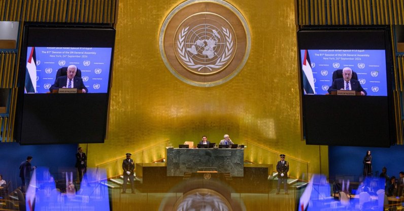 President of Palestine Mahmoud Abbas virtually addresses the 81st session of the United Nations (U.N.) General Assembly at U.N. Headquarters, Sept. 24, 2026. (AFP Photo)