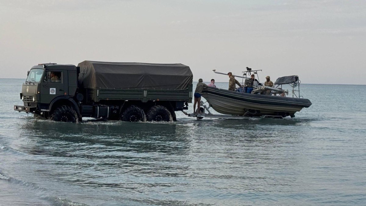 A rescue team operates in the area where a tragic military exercise incident occurred in the Caspian Sea off Kazakhstan, Sept. 25, 2026. (AA Photo)