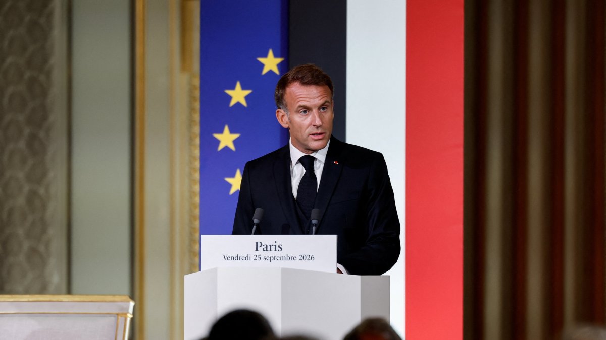 French President Emmanuel Macron delivers a speech as he attends a meeting with Pope Leo and the authorities, members of civil society and the diplomatic corps at the Elysee Palace in Paris as part of Pope Leo's four-day apostolic journey to France, Sept. 25, 2026. (Reuters Photo)