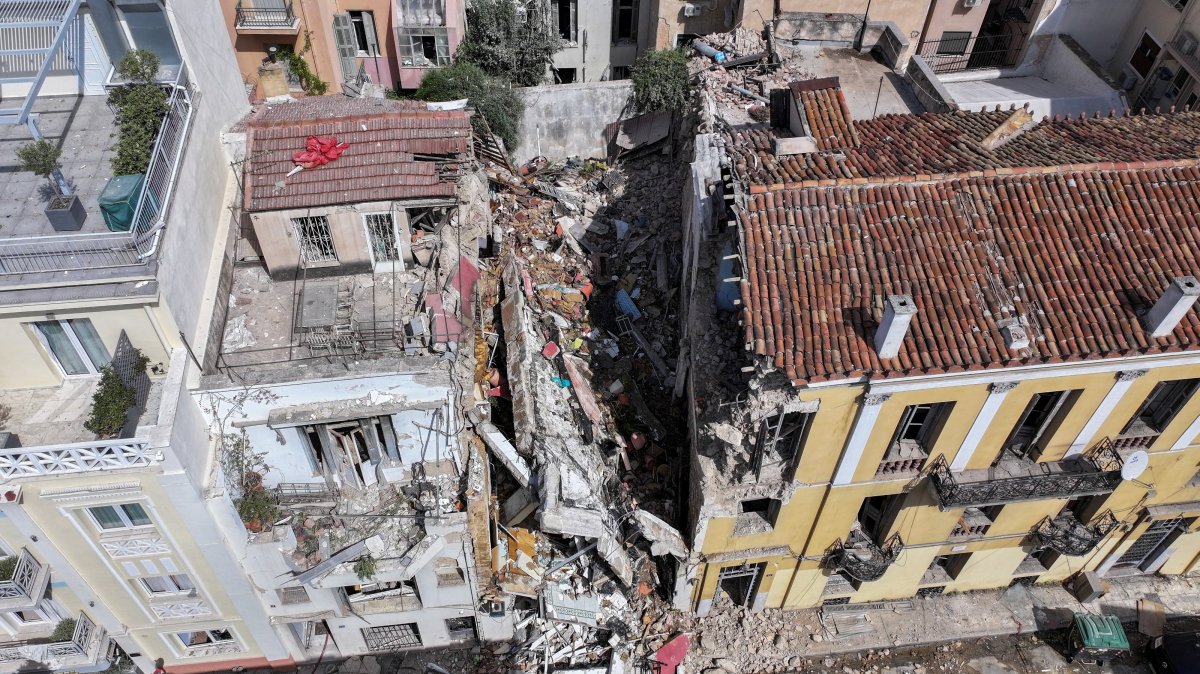 A drone view shows an old building, partially collapsed following an explosion, in the Plaka area, which is popular with tourists, in central Athens, Greece, Sept. 25, 2026. (Reuters Photo)