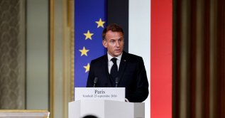 French President Emmanuel Macron delivers a speech as he attends a meeting with Pope Leo and the authorities, members of civil society and the diplomatic corps at the Elysee Palace in Paris as part of Pope Leo's four-day apostolic journey to France, Sept. 25, 2026. (Reuters Photo)