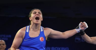 Türkiye's Busenaz Sürmeneli gestures as she against Russia's Nadezhda Golubeva in the women's 70-kilogram category at the 2026 European Boxing Championships, Sofia, Bulgaria, Sept. 23, 2026. (AA Photo)