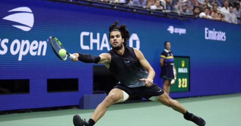 Carlos Alcaraz in action in his match against Ben Shelton during their Men's Singles Quarterfinal match on Day Ten of the 2026 US Open at the USTA Billie Jean King National Tennis Center, New York City, U.S., Sept. 8, 2026. (AFP Photo)