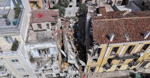 A drone view shows an old building, partially collapsed following an explosion, in the Plaka area, which is popular with tourists, in central Athens, Greece, Sept. 25, 2026. (Reuters Photo)