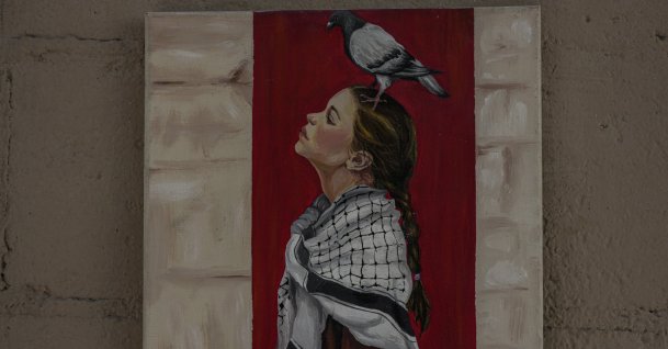 An artwork is on display in an exhibition titled "Brushes of Peace" at New Gaza Cafe, Gaza, Palestine, Aug. 30, 2026. (Getty Images Photo)