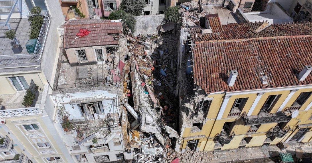 A drone view shows an old building, partially collapsed following an explosion, in the Plaka area, which is popular with tourists, in central Athens, Greece, Sept. 25, 2026. (Reuters Photo)