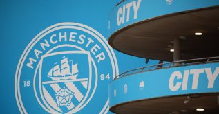 A view of the Etihad Stadium with the Manchester City logo ahead of the UEFA Champions League league-phase match between Manchester City and SSC Napoli, Manchester, U.K., Sept. 18, 2025. (EPA Photo)