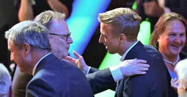 Mayor of Munich Dominik Krause is congratulated at the Kurhaus during the German Olympic Sports Confederation's (DOSB) announcement of its national bid to host the Olympic Games, Baden-Baden, Germany, Sept. 26, 2026. (AFP Photo)