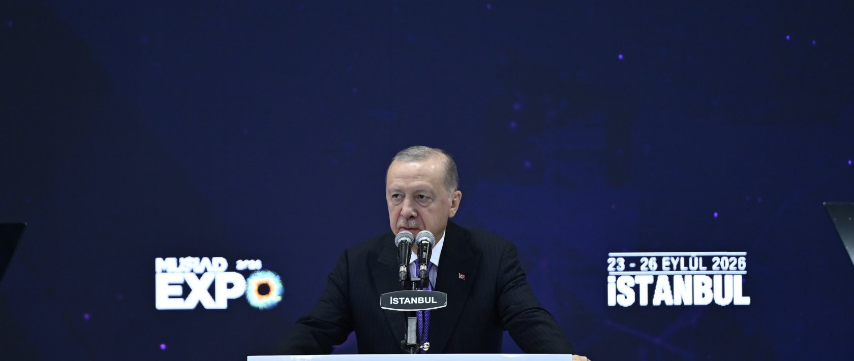 Turkish President Recep Tayyip Erdoğan delivers remarks during the closing ceremony of the 21st MÜSİAD EXPO International Trade Fair and 29th International Business Forum, Istanbul, Türkiye, Sept. 26, 2026. (AA Photo)