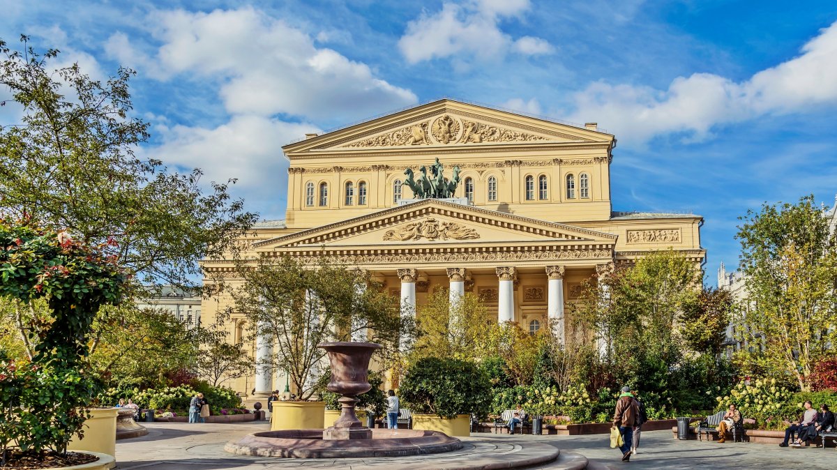 An exterior view of the Bolshoi Theater and fountain on Theater Square, Moscow, Russia, Oct. 2, 2025. (Shutterstock Photo)