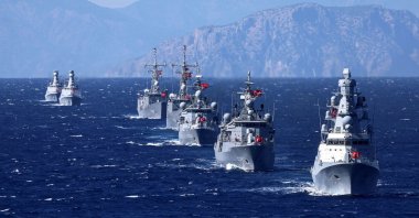 Mixed Turkish Naval Forces participate in a ceremonial parade during the Sea Wolf 2026 exercise in the Eastern Mediterranean, off the coast of Aksaz, Marmaris, Muğla, Türkiye, Sept. 24, 2026. (AFP Photo)