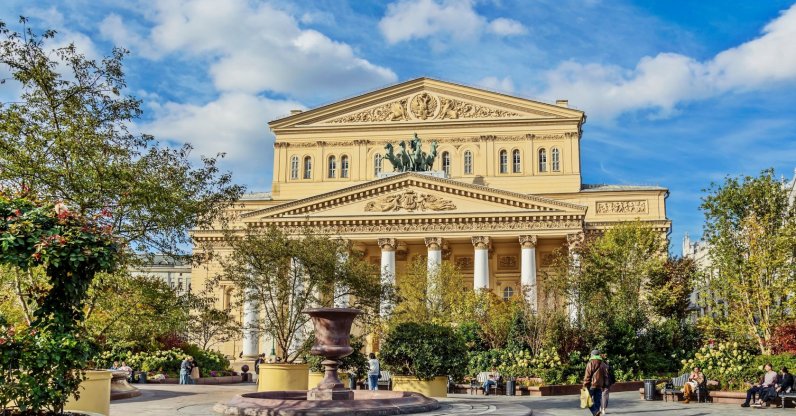 An exterior view of the Bolshoi Theater and fountain on Theater Square, Moscow, Russia, Oct. 2, 2025. (Shutterstock Photo)