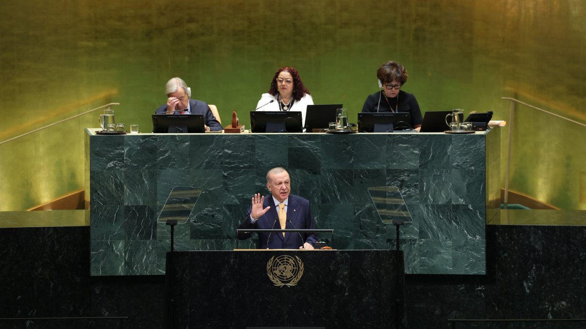 President Recep Tayyip Erdoğan delivers a speech at the 81st United Nations General Assembly, New York, U.S., Sept. 22, 2026. (IHA Photo)