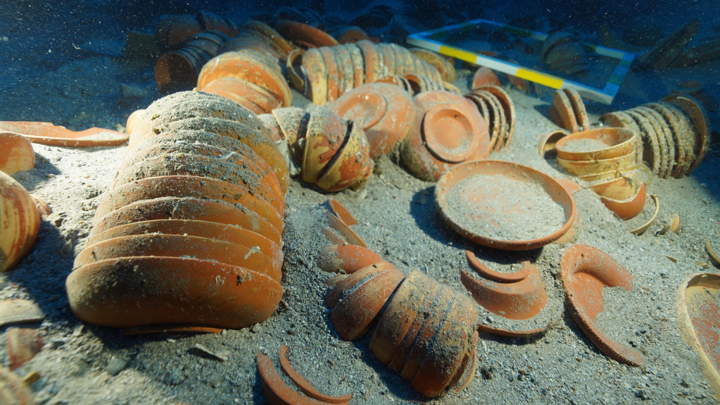 A view of ancient ceramic tableware at the shipwreck site off Adrasan, Antalya, Türkiye, Sept. 28, 2026. (DHA Photo)