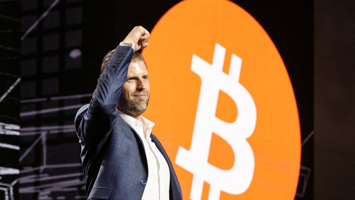 Eric Trump, executive vice president of the Trump Organization, gestures at the Bitcoin Asia conference, Hong Kong, China, Aug. 29, 2025. (Reuters Photo)