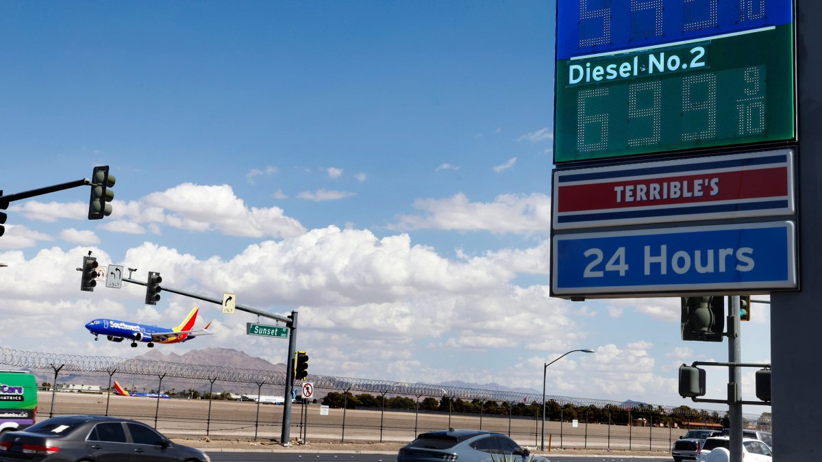 A Terrible's gas station on Sunset Road displays its gas prices as a Southwest Airlines plane prepares to land at Harry Reid International Airport in Las Vegas, U.S., Sept. 18, 2026. (AP Photo)