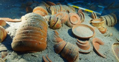 A view of ancient ceramic tableware at the shipwreck site off Adrasan, Antalya, Türkiye, Sept. 28, 2026. (DHA Photo)