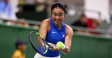 Philippines' Alexandra Eala plays a shot against Patcharin Cheapchandej of Thailand during a women's Singles second round match on day nine of the 20th Asian Games in Nagoya, Japans, Sept. 28, 2026. (Getty Images Photo)