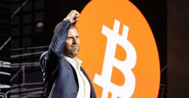 Eric Trump, executive vice president of the Trump Organization, gestures at the Bitcoin Asia conference, Hong Kong, China, Aug. 29, 2025. (Reuters Photo)
