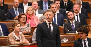 Hungarian Prime Minister Peter Magyar speaks at the Hungarian Parliament in Budapest on Sept. 28, 2026. (AFP Photo)