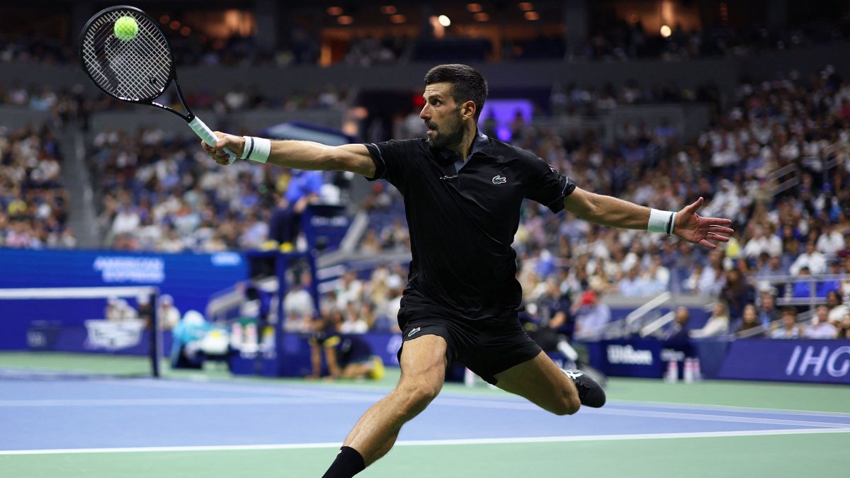 Novak Djokovic returns a shot in his match against Mariano Navone of Argentina during their Men's Singles first-round match on Day One of the 2026 US Open at USTA Billie Jean King National Tennis Center in the Flushing neighborhood, New York City, U.S., August 30, 2026. (AFP Photo)