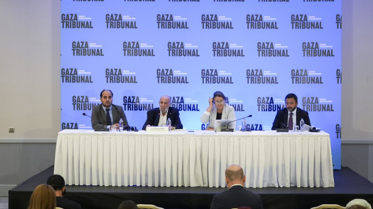 Richard Falk (2nd L), president of the Gaza Tribunal and former U.N. special rapporteur, and Taha Ayhan (R), ICYF president, speak at the Gaza Tribunal's emergency news conference, Istanbul, Türkiye, Aug. 18, 2025. (AA Photo)