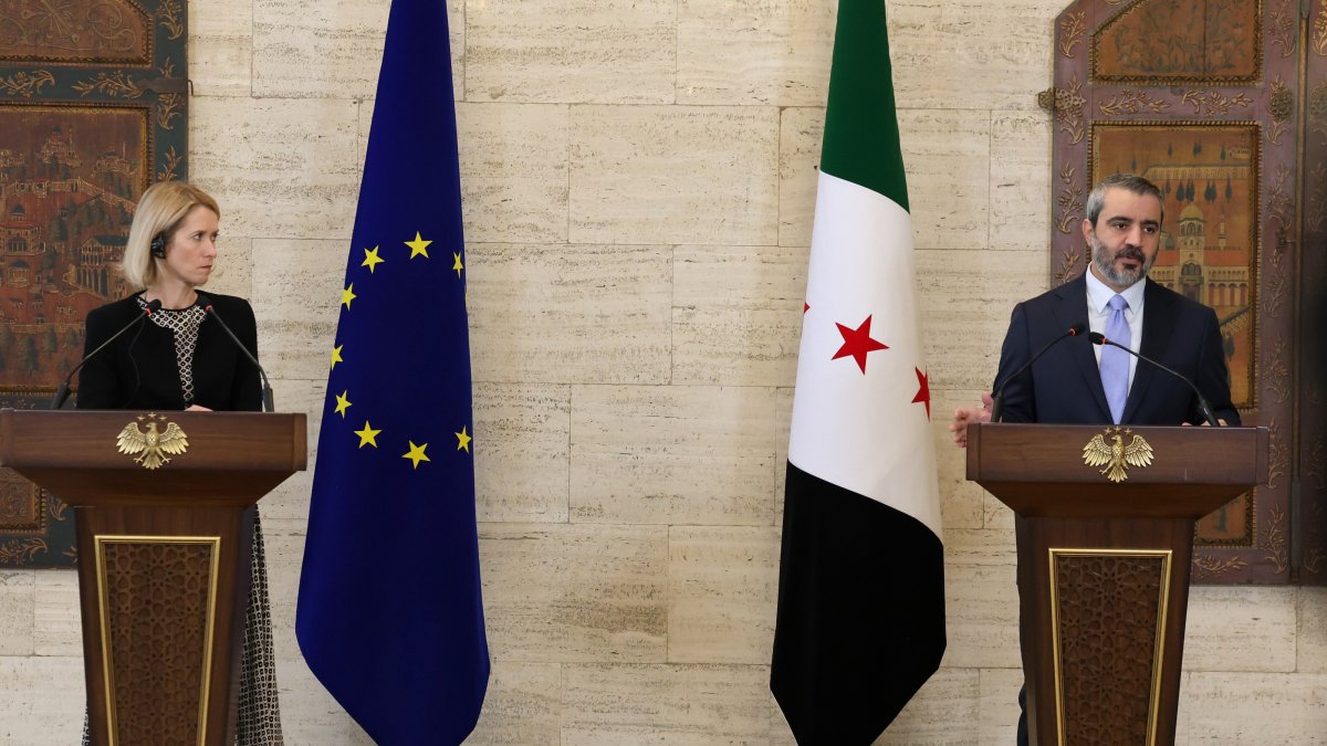 Syrian Foreign Minister Asaad al-Shaibani and High Representative of the European Union for Foreign Affairs and Security Policy Kaja Kallas hold a joint news conference at the Tishreen Palace in Damascus, Syria, Sept. 29, 2026. (EPA Photo)
