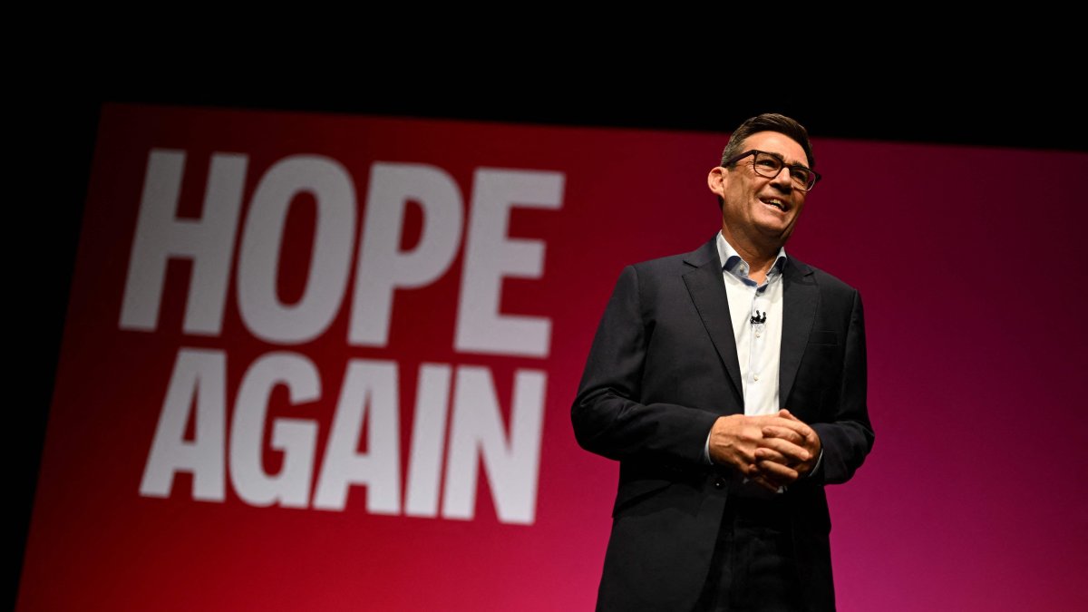 Britain's Prime Minister Andy Burnham delivers a speech on the third day of the annual Labour Party conference in Liverpool, northwest England, Sept. 29, 2026. (AFP Photo)