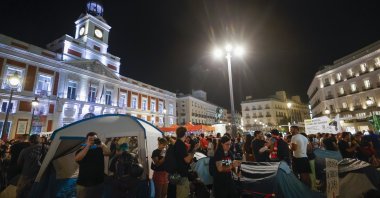 Demonstrators camp at Puerta del Sol following a protest against evictions, Madrid, Spain, Sept. 26, 2026. (EPA Photo)