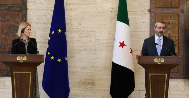 Syrian Foreign Minister Asaad al-Shaibani and High Representative of the European Union for Foreign Affairs and Security Policy Kaja Kallas hold a joint news conference at the Tishreen Palace in Damascus, Syria, Sept. 29, 2026. (EPA Photo)