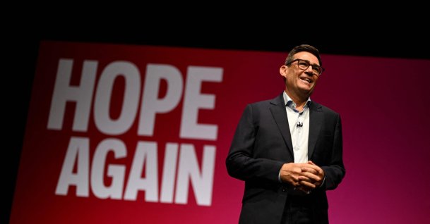 Britain's Prime Minister Andy Burnham delivers a speech on the third day of the annual Labour Party conference in Liverpool, northwest England, Sept. 29, 2026. (AFP Photo)