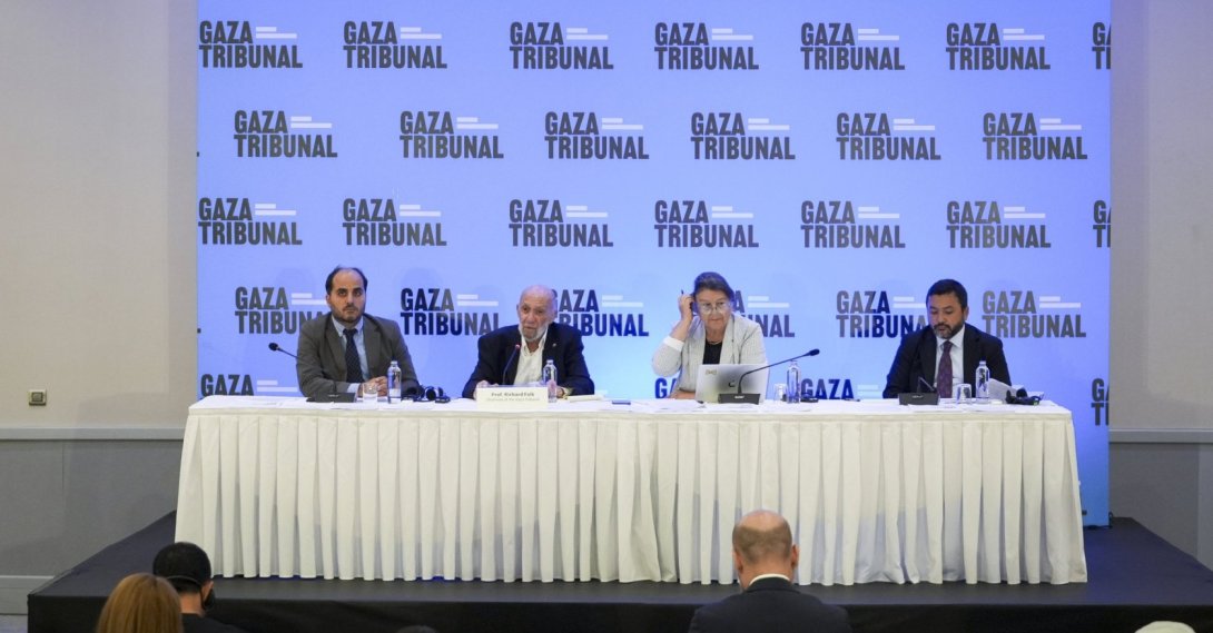 Richard Falk (2nd L), president of the Gaza Tribunal and former U.N. special rapporteur, and Taha Ayhan (R), ICYF president, speak at the Gaza Tribunal's emergency news conference, Istanbul, Türkiye, Aug. 18, 2025. (AA Photo)