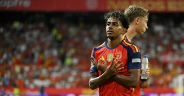 Spain's Lamine Yamal celebrates scoring his team's third goal during the UEFA Nations League group A3 match between Spain and Croatia at Ramon Sanchez Pizjuan Stadium, Seville, Spain, Sept. 29, 2026. (AFP Photo)