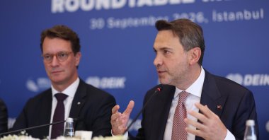 Energy and Natural Resources Minister Alparslan Bayraktar (R) speaks alongside Hendrik Wüst, a German politician serving as the prime minister of the state of North Rhine-Westphalia, during a business forum, Istanbul, Türkiye, Sept. 30, 2026. (AA Photo)
