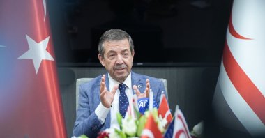 Turkish Cypriot Foreign Minister Tahsin Ertuğruloğlu speaks during a news conference, Washington, U.S., Oct. 1, 2026. (AA Photo)