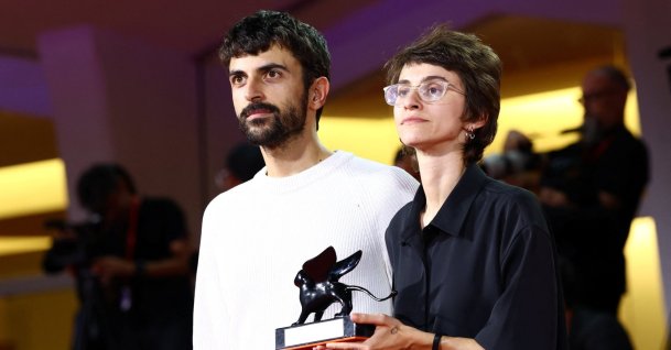 Directors Yuval Abraham and Rachel Szor pose with the Special Jury Award for "Naza" during the closing ceremony of the 83rd Venice International Film Festival, Venice, Italy, Sept. 12, 2026. (Reuters Photo)
