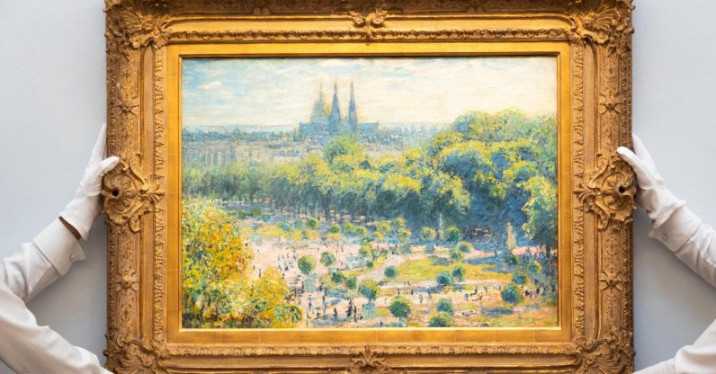 Claude Monet's "Chestnut Trees in Flower" is displayed during a preview of the Blaquier-Arrieta Collection at Sotheby's, London, U.K., Sept. 30, 2026. (AP Photo)