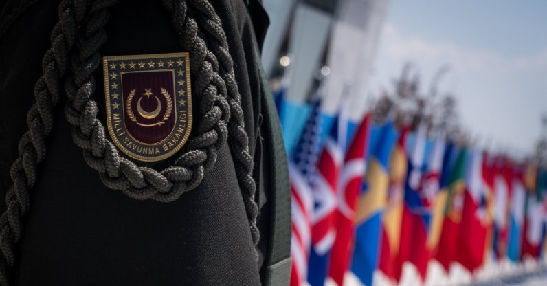 The logo of the Ministry of National Defense seen during an event at the ministry, Ankara, Türkiye, July 9, 2026. (AA Photo)
