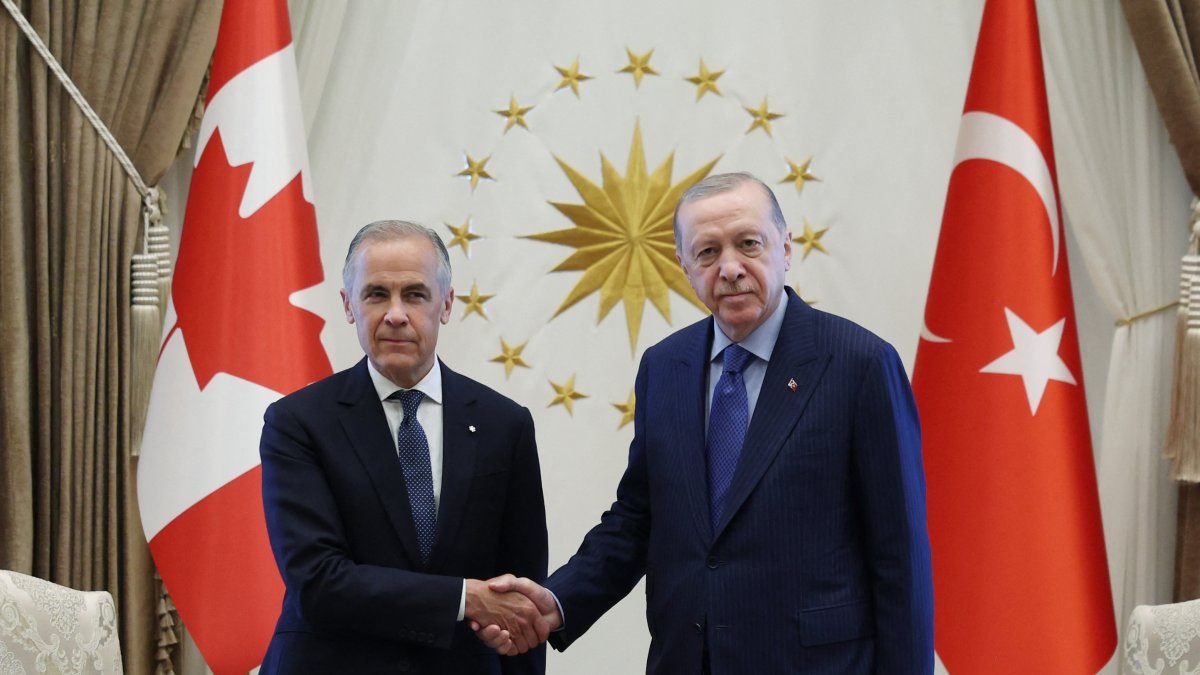 President Recep Tayyip Erdoğan and Canadian Prime Minister Mark Carney shake hands as they meet at the Presidential Complex in Ankara ahead of the 36th NATO Heads of State and Government Summit, July 7, 2026. (Turkish Presidential Service Handout via AFP)